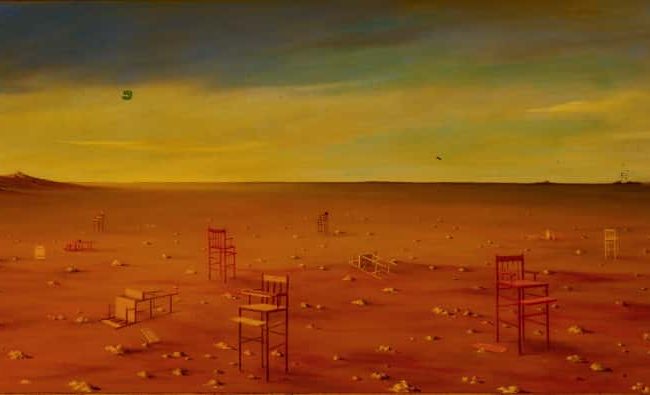 Landscape with High Chairs, Oil on board inches, 19.75×39.75 inches, 1976