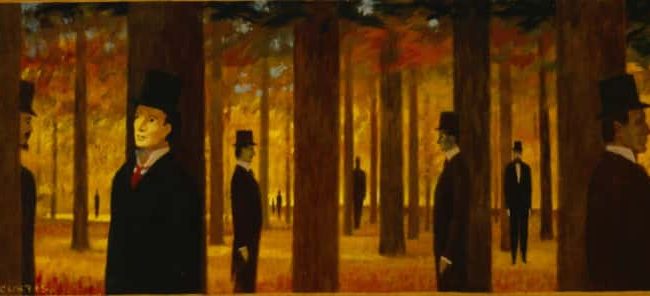 Walk Through Forest, Oil on board, 11.625×31.25 inches, 1988
